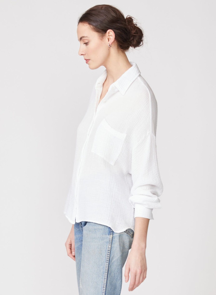 Fabric | STATESIDE Gauze Long Sleeve Oversized Shirting Top In White