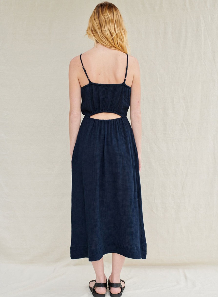 Fabric | STATESIDE Gauze Open Back Midi Dress In New Navy