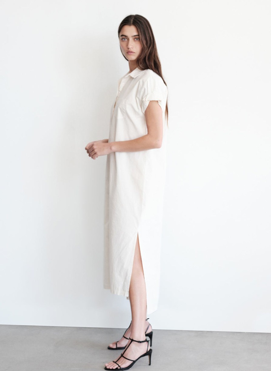 Fabric | STATESIDE Structured Poplin Rolled Sleeve Midi Shirt Dress In Cream