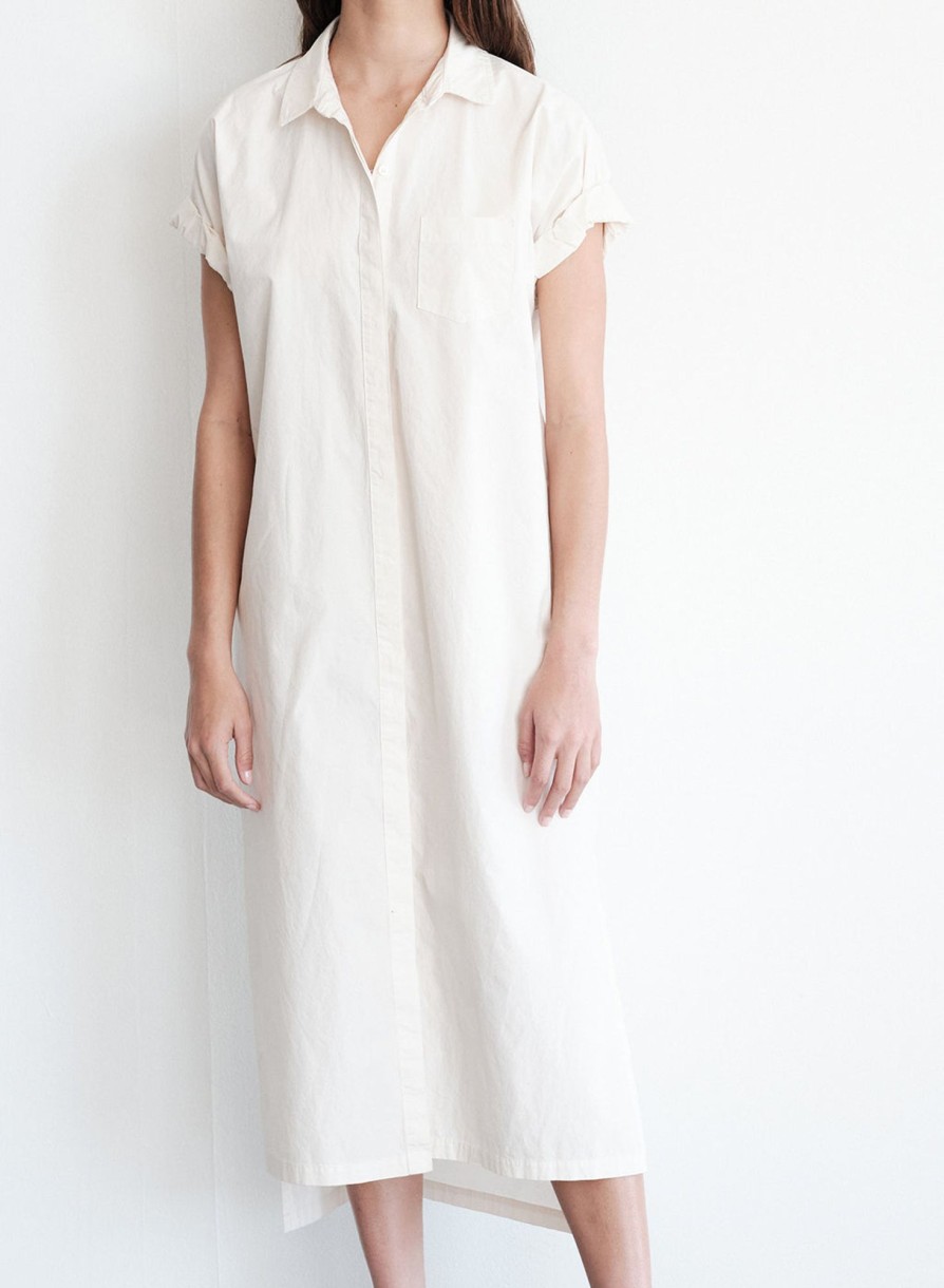 Fabric | STATESIDE Structured Poplin Rolled Sleeve Midi Shirt Dress In Cream